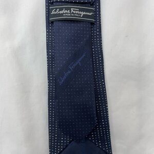 Salvatore Ferragamo 100% Silk Dark Blue Polka Dot Skinny Tie